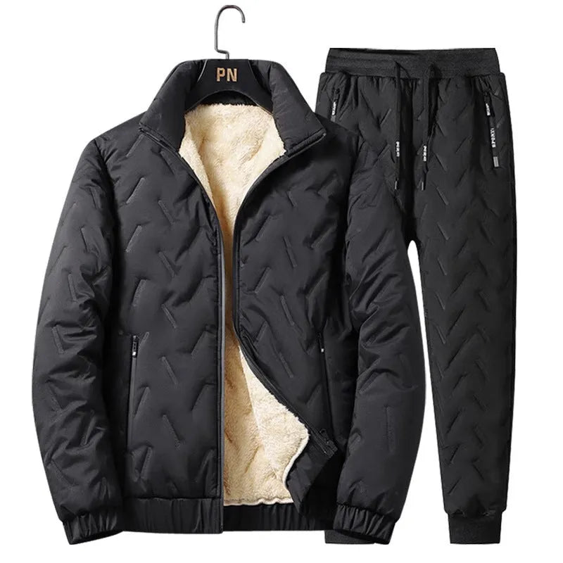 Men's thickened fleece tracksuit set with zip jacket and tapered pants in grey or black, sizes L to 5XL