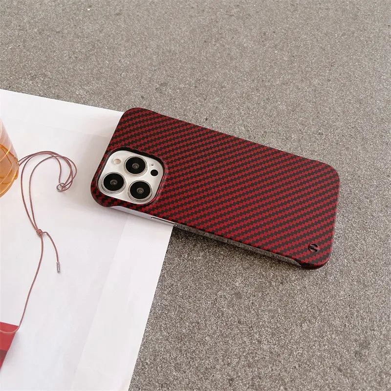 Frameless carbon fiber pattern hard shell phone case with kickstand in silver for iPhone 15 Pro