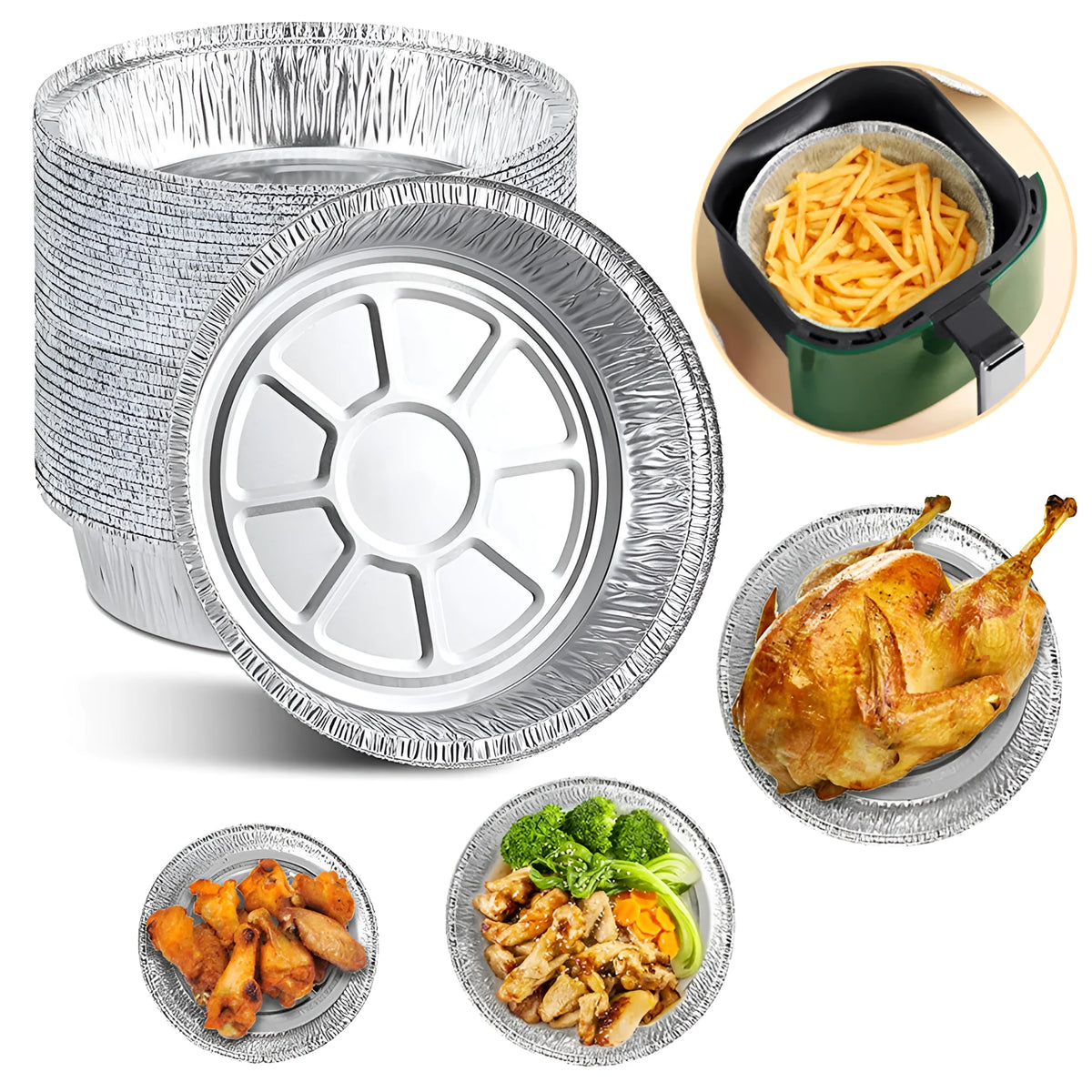 Non-stick aluminium foil air fryer liner, round 8 inch deep plate, disposable oil-proof tray with 4 cm edge