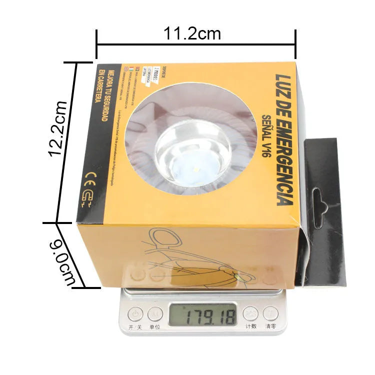 V16 LED emergency warning light in plastic housing with colour options on a vehicle.