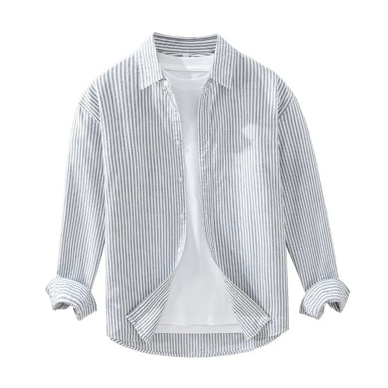 Men's loose long-sleeved pure cotton shirt in grey stripes or blue and white stripes, cardigan style, sizes M to 3XL