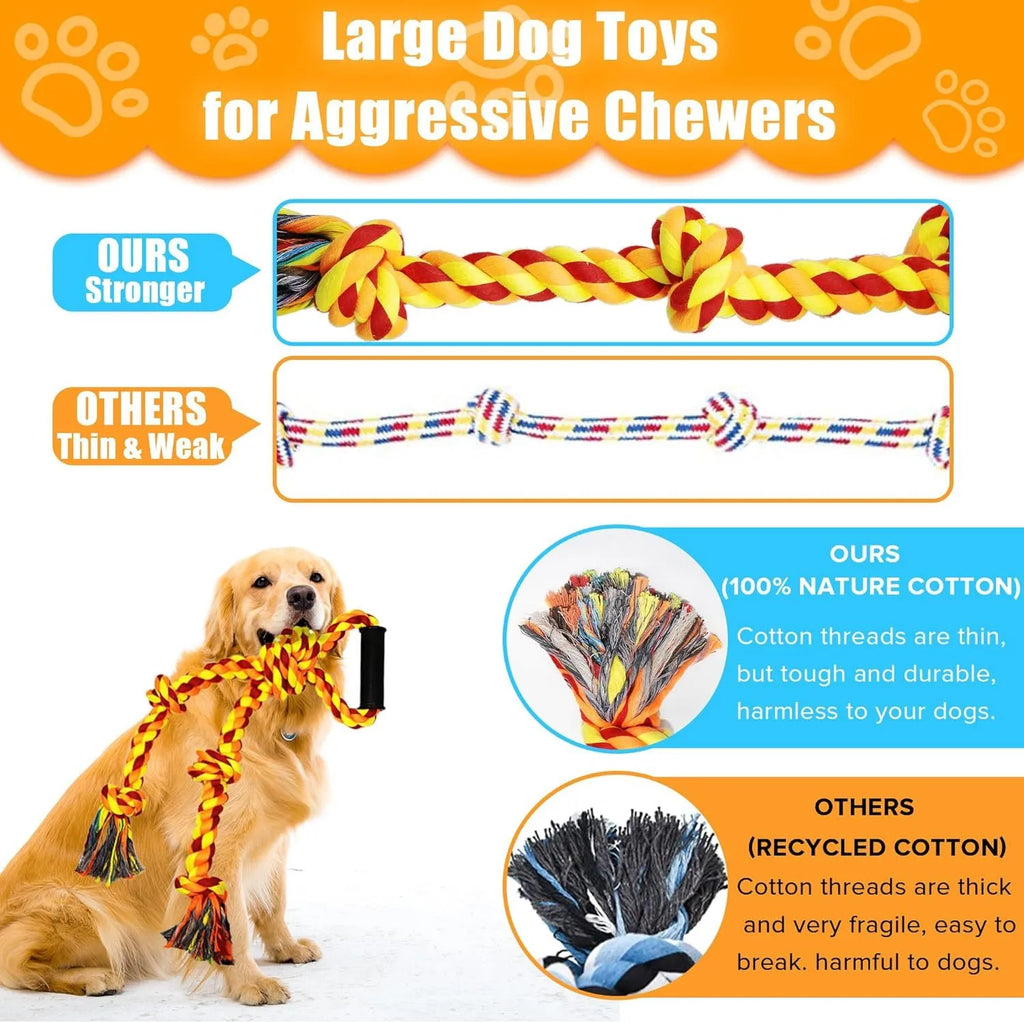 Blue and yellow cotton rope tug toy for large breed dogs with humanised handle