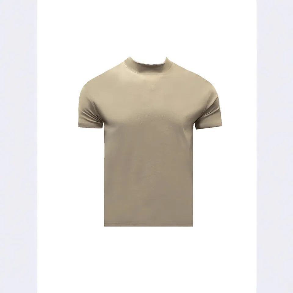 Men's cotton short sleeve t-shirt with half turtleneck drop shoulder loose fit in solid colour