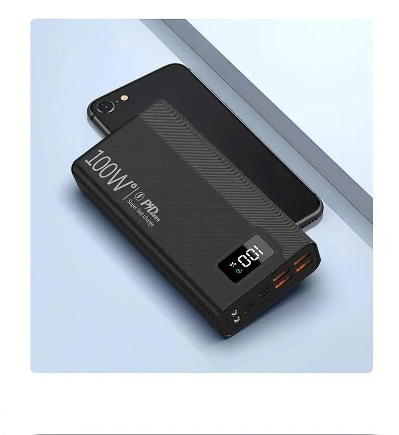 Large capacity power bank in black or white with plastic shell showing charging ports