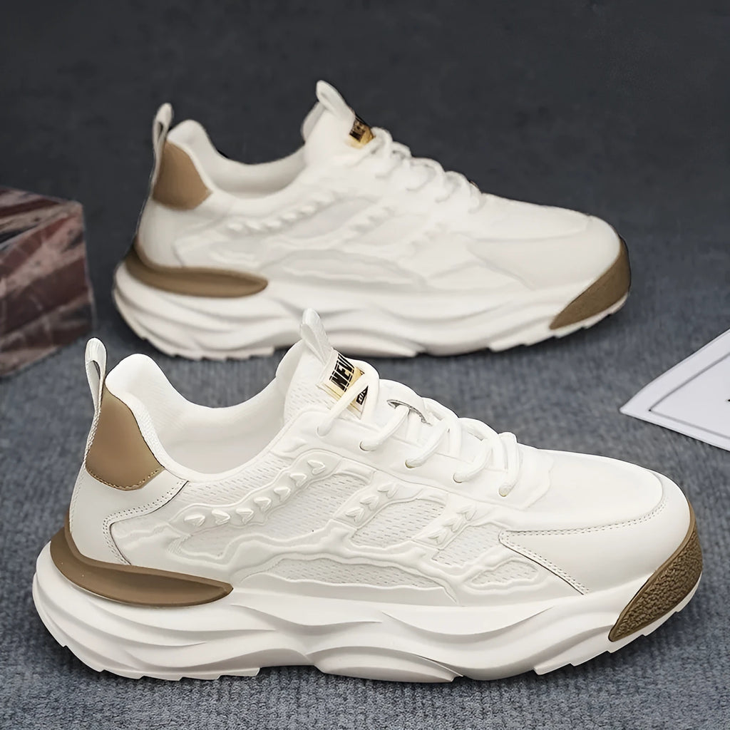 Men's breathable mesh trainers in solid white or black with round toe and PU upper for casual leisure wear