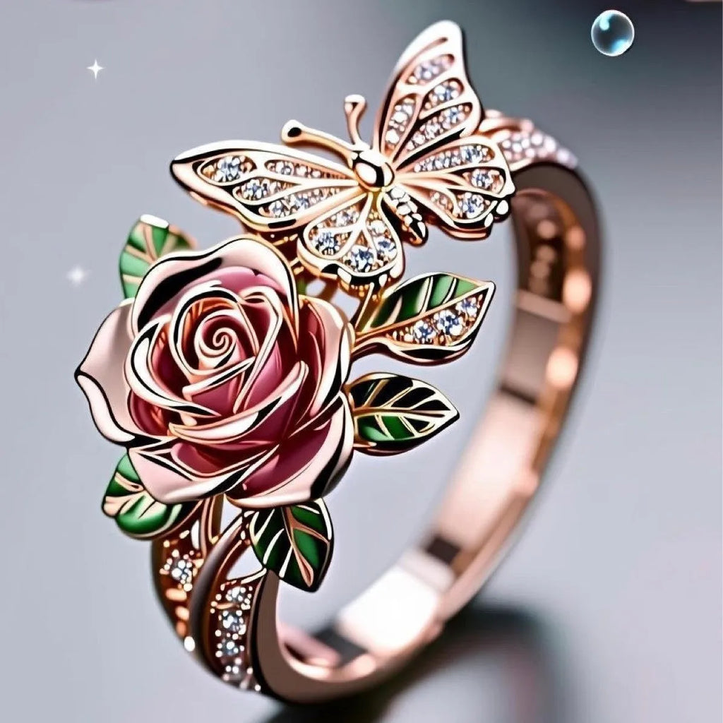 Adjustable fairy style butterfly ring with colourful oil droplet finish and rose leaf insect design
