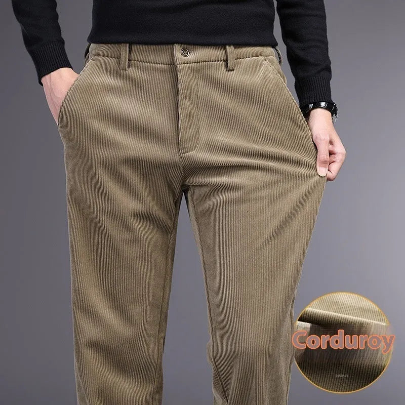 Men's British retro-style long straight striped pants in a chemical fibre blend, shown with a zip fly.