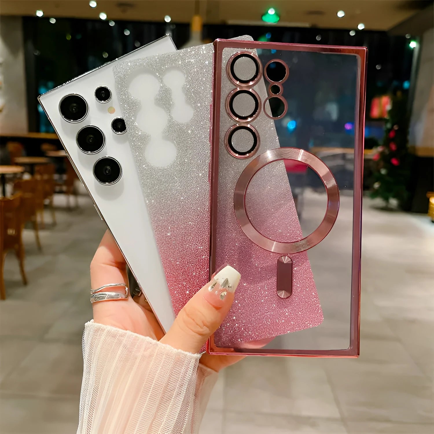 TPU magnetic gradient glitter phone case for Samsung S23 Ultra in gradient flash finish showing rainbow colours