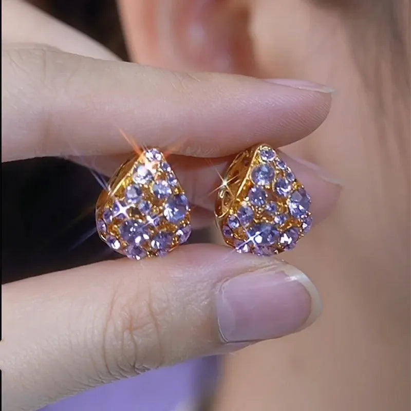 Light luxury purple full diamond ear clip on an alloy geometric round shape with Japanese Korean style