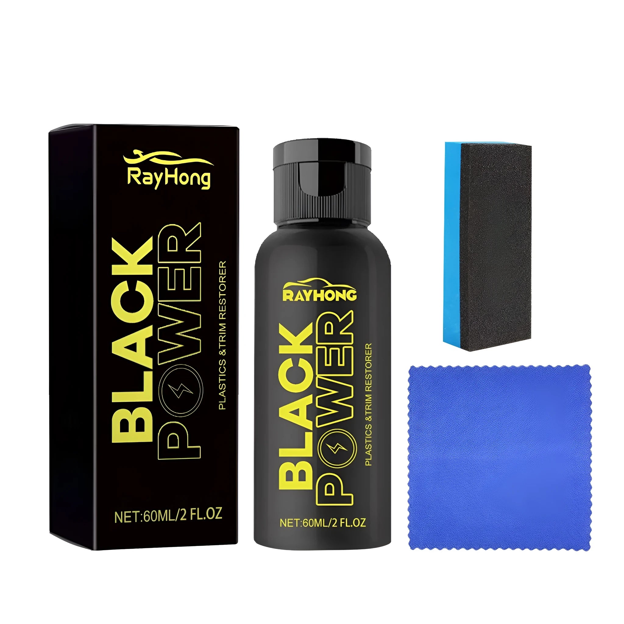 Automotive plastic refurbishment kit with 60ml bottle, application sponge, and microfibre cloth