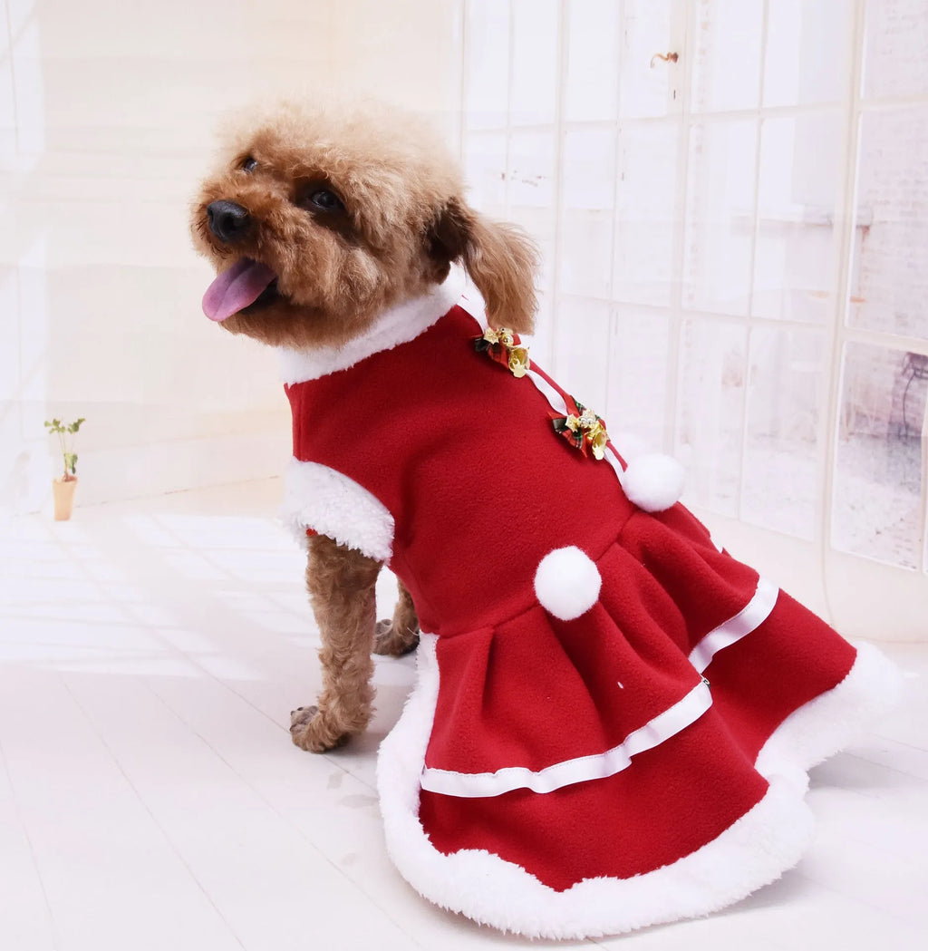 Red fleece dog dress with skirt design for small dogs, shown on a pet model