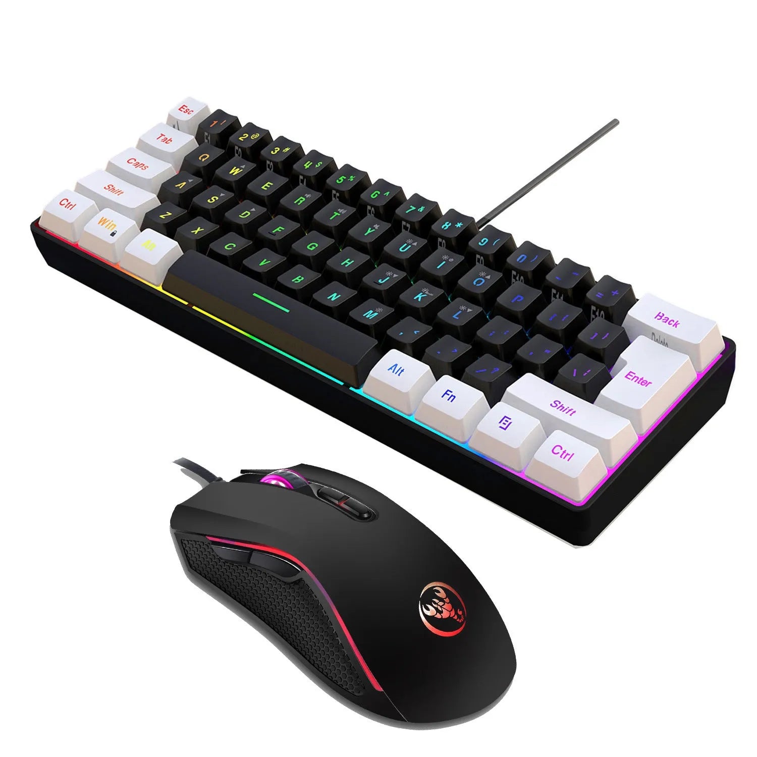 White and black wired gaming keyboard and mouse combo set with colour backlight on a desk