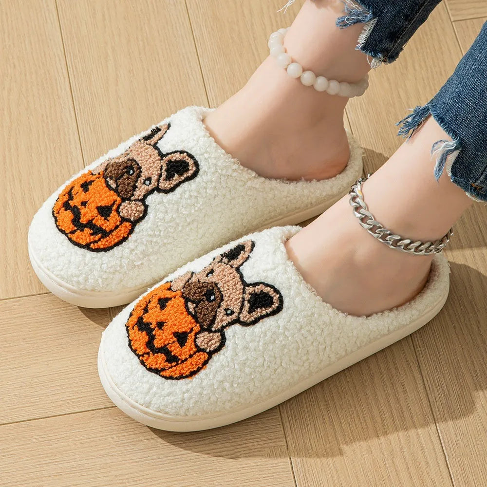 Black and white Halloween slippers with pumpkin pattern, plush upper and TPR sole