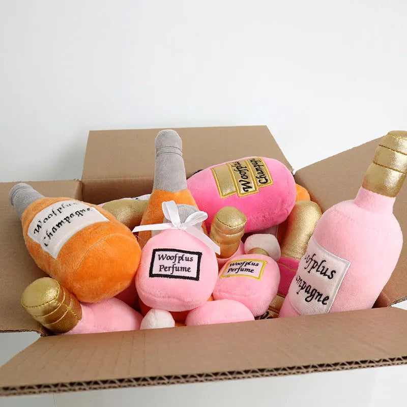 Plush wine bottle shaped pet toy for dogs and cats in multiple colours