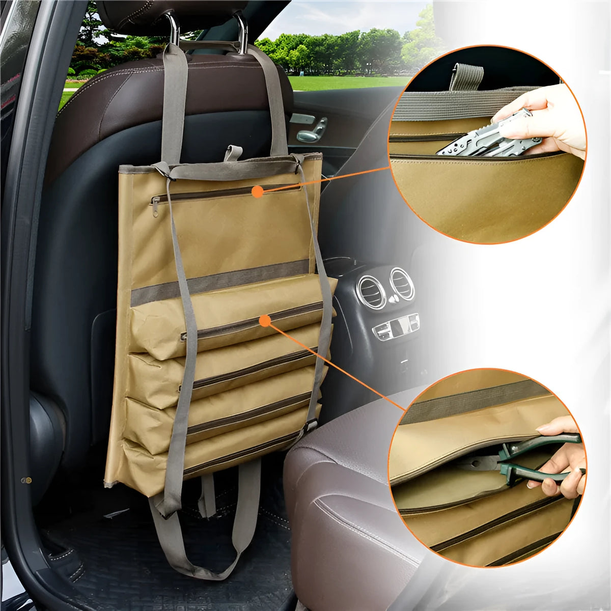 Large car hanging bag in 600D Oxford cloth, 41 x 48.5cm seat-back organiser with multi-pocket tool storage, khaki or black