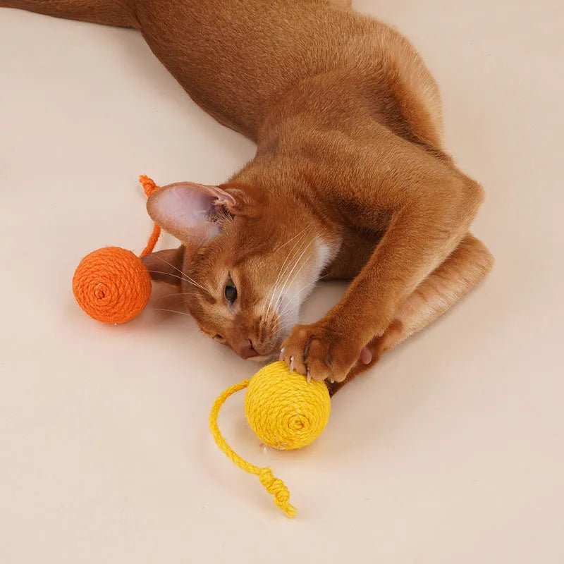 Cat toy set with blue and green teaser stick, red and yellow catnip balls, and a tumbling pet on a white background