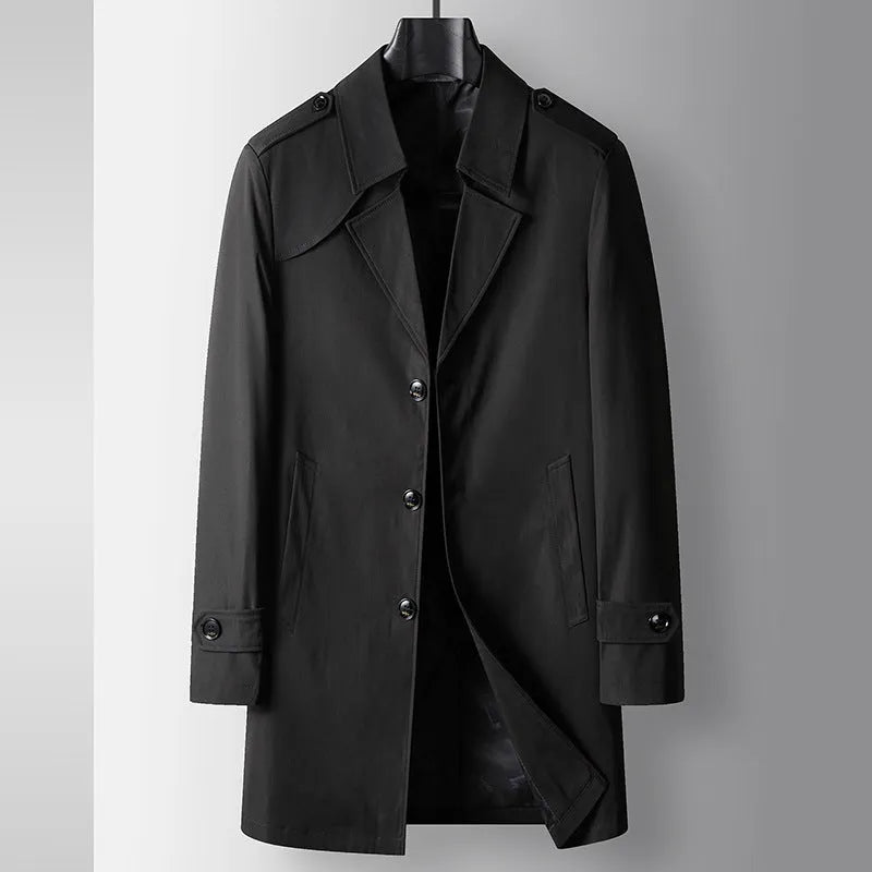 Mid-length lapel single breasted trench coat for men in khaki, chemical fibre blend, regular fit