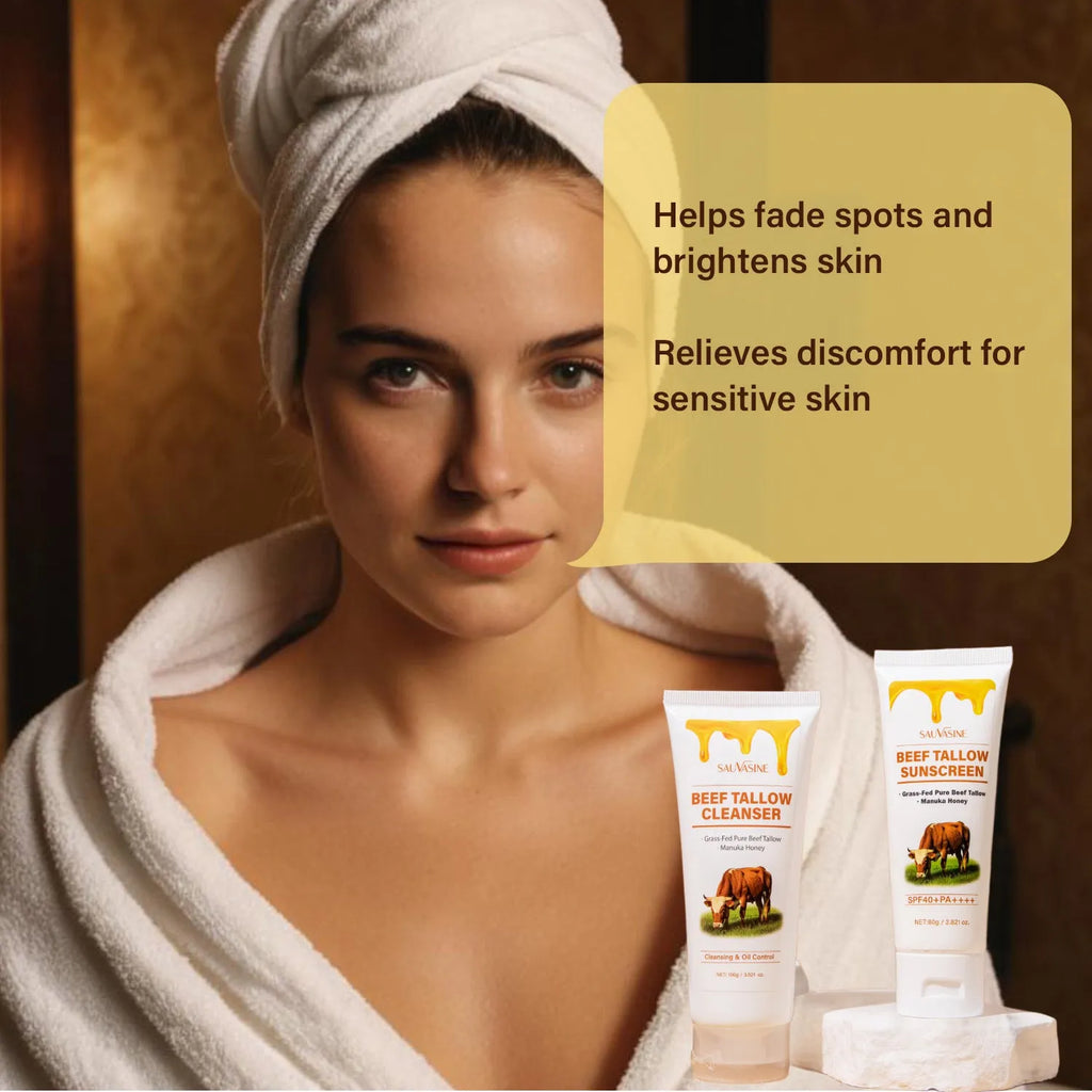 Seven-piece butter honey skincare set with facial cleanser, cream, lipstick, lotion, scrub, and beef fat product