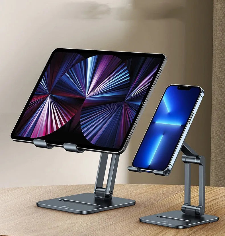 Deep space grey aluminium alloy folding stand holding a tablet and mobile phone separately