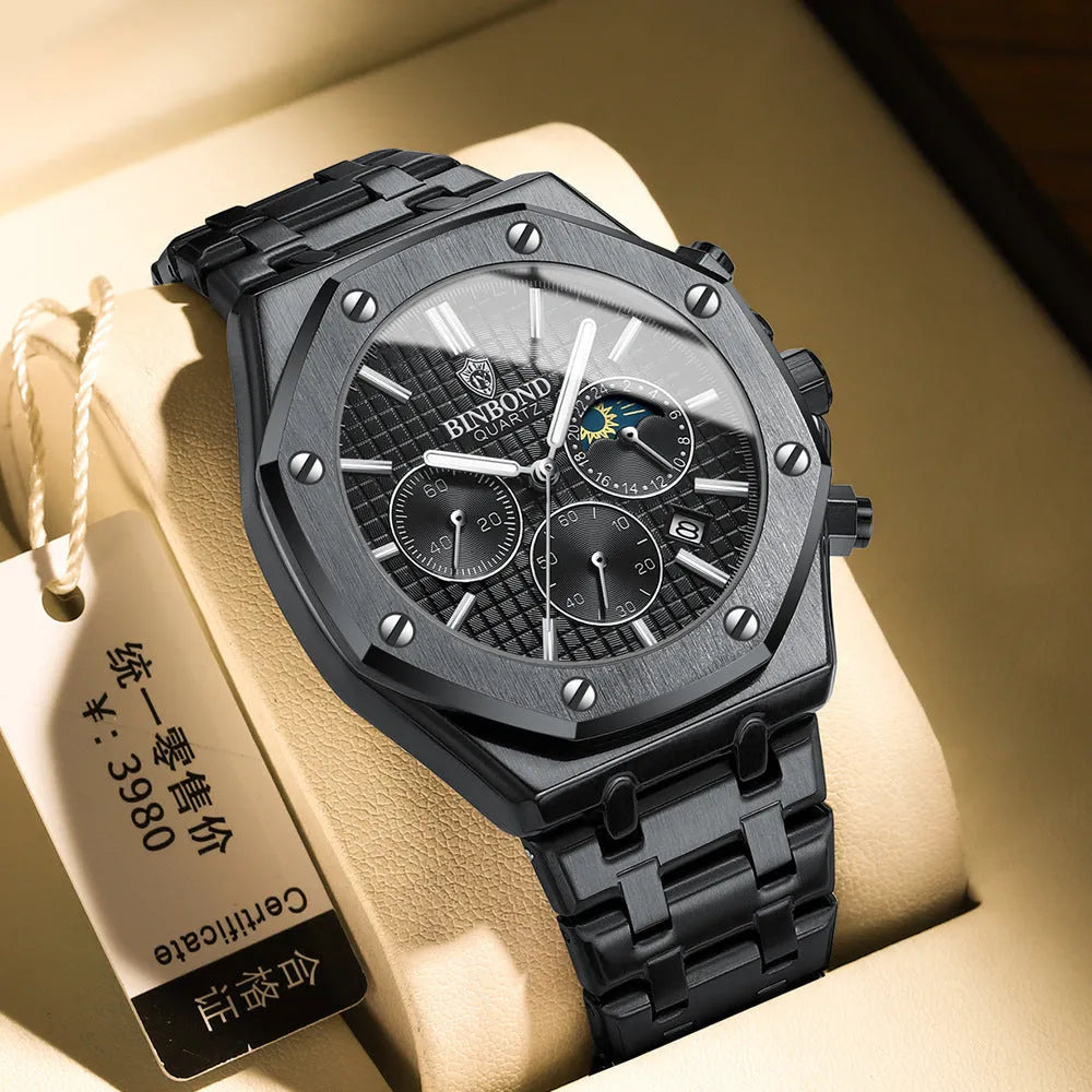 Men's multi-function sports watch with 42mm round metal dial, quartz movement, and butterfly buckle strap