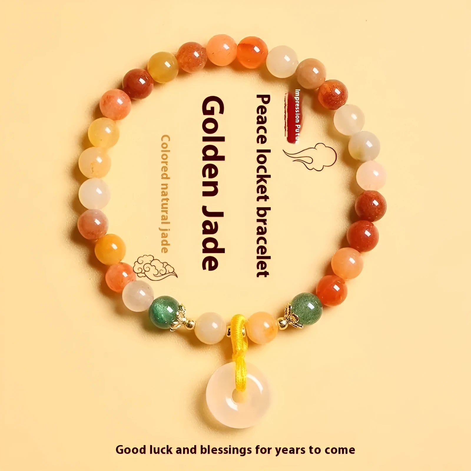 Handmade natural jade and red agate bracelet with silver safety buckle on wooden background