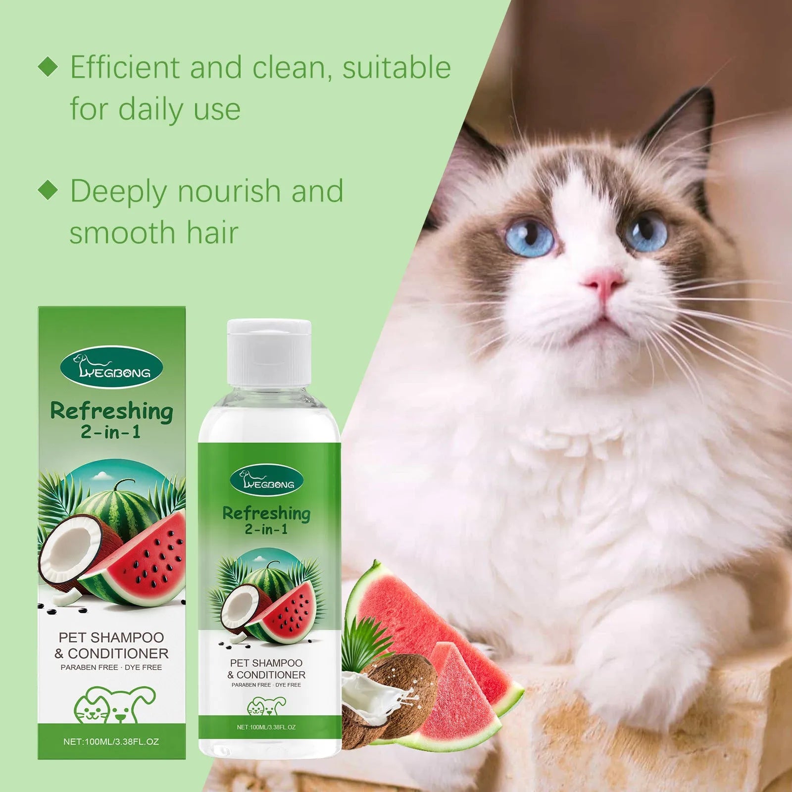 100ml bottle of 2-in-1 pet shampoo and fragrance shower gel with watermelon and coconut extract.
