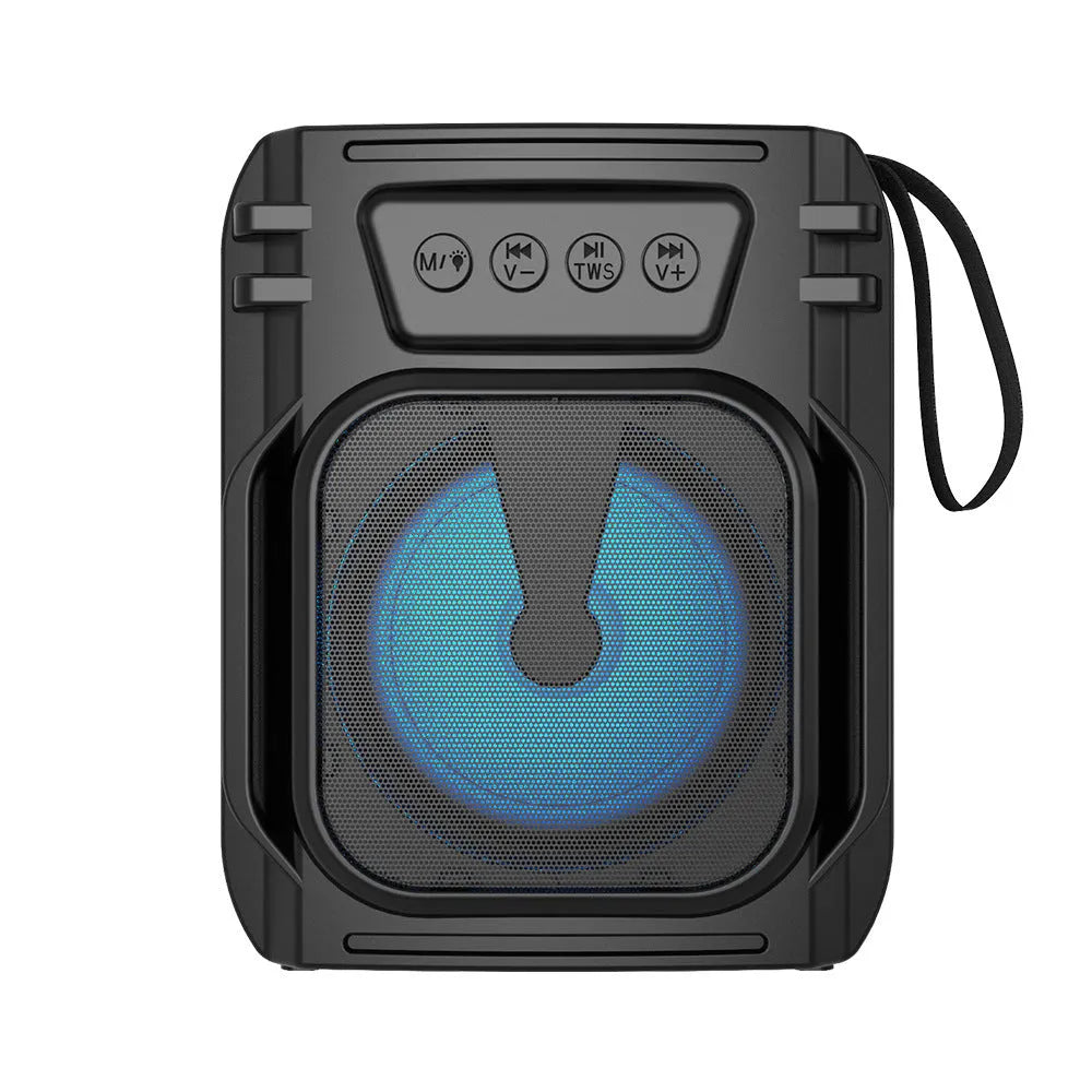 Blue portable Bluetooth speaker with FM radio function showing compact dimensions
