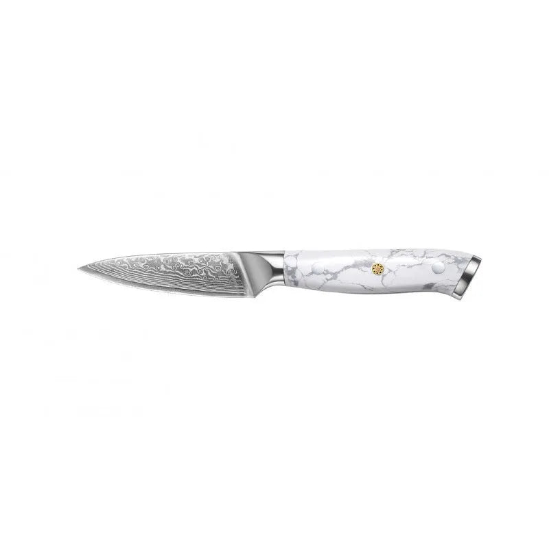 Damascus pattern VG10 steel chef knife with 21cm blade on cutting board