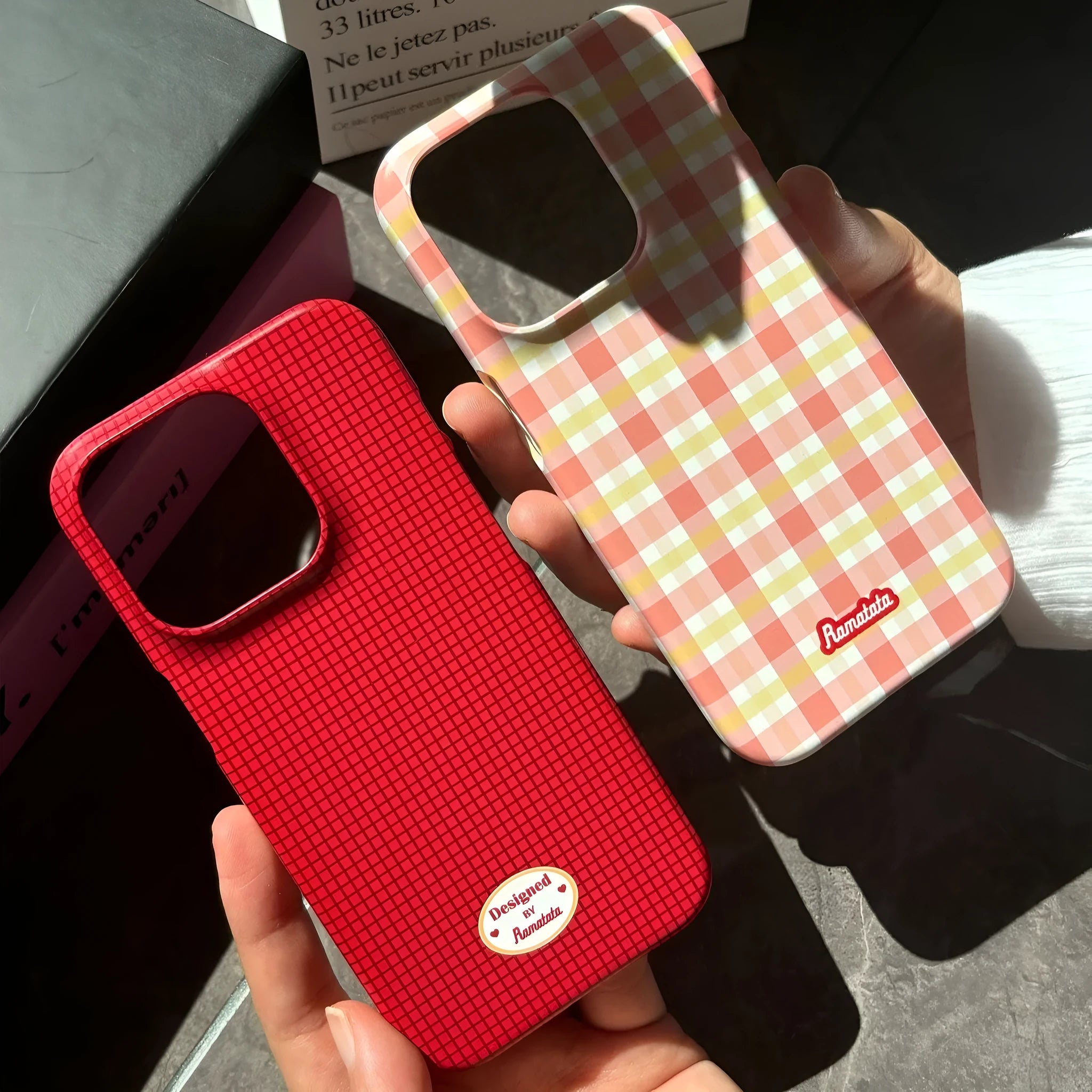 Original plain plaid anti-fingerprint phone case for iPhone 15 Pro Max in red and orange designs.