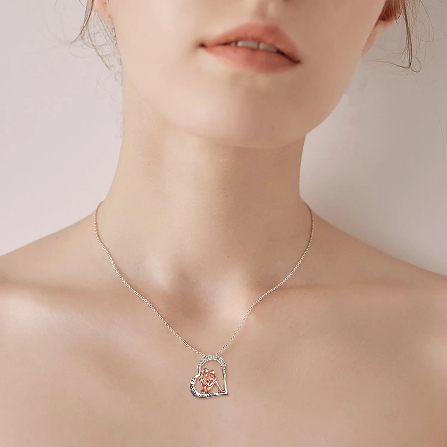925 sterling silver mother daughter necklace with engraved heart pendant reading My Mother My Friend in silver colour