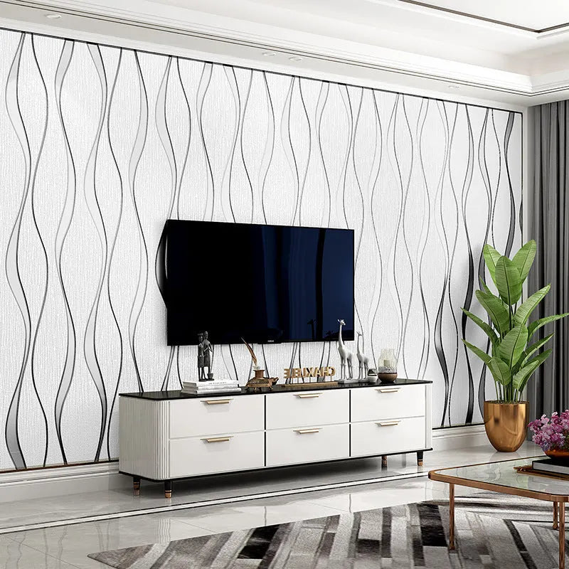 Roll of grey 3D curve stripe decorative wallpaper with velvet texture for video backdrops