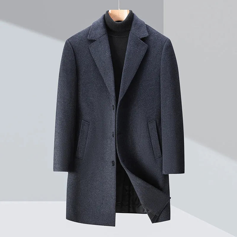 Men's solid colour woolen trench coat in Black with notch lapel, light business style, Asian size 170-195
