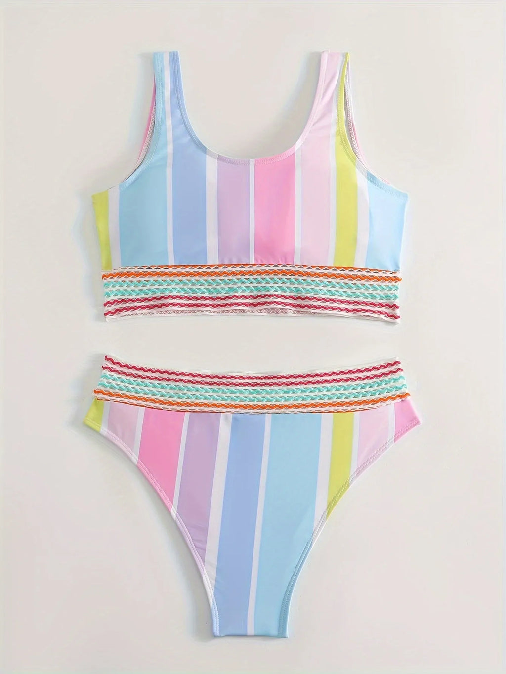 Women's striped two-piece bikini set for sports swimming, shown in picture colour.