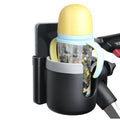 2-in-1 baby stroller cup holder in gray silicone and ABS on a black pushchair handle