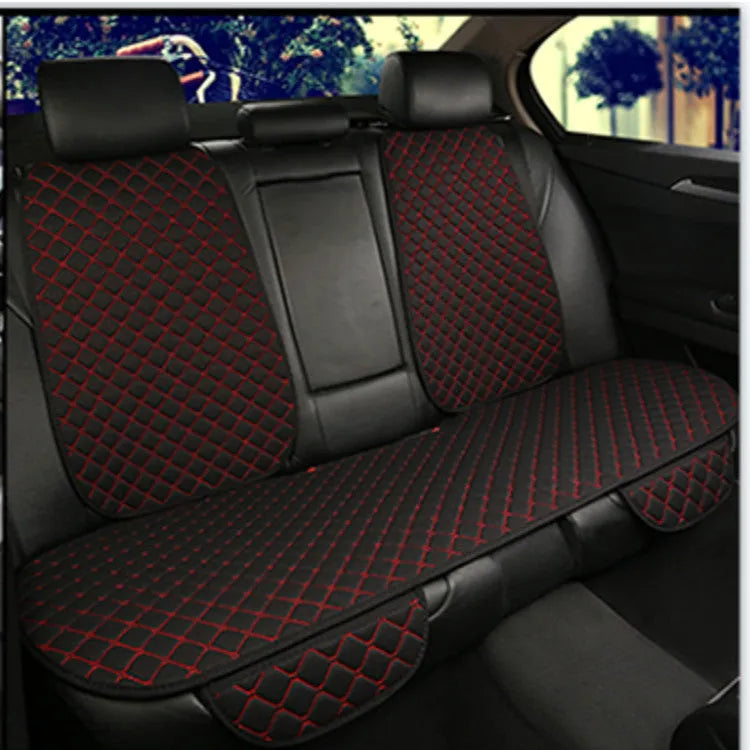 Linen universal car seat cushion with backrest in warm cream colour on a car seat.