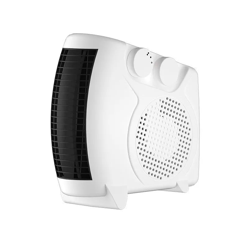 White compact desktop electric heater with power adjustment and two-speed fan control