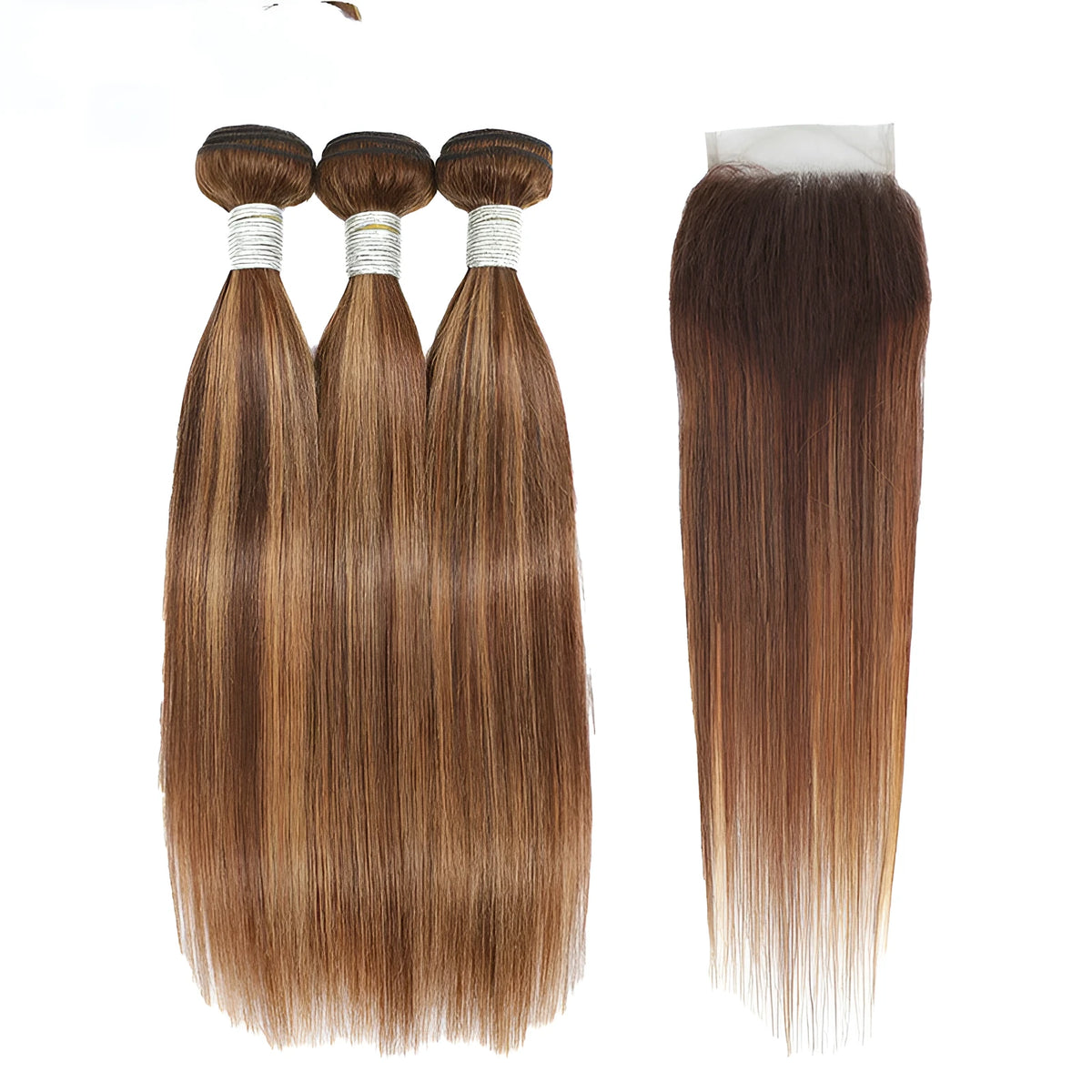 Human hair wig piece with long straight hair and side bangs in 8A bundle bubble hair, piano colour effect, 8-32 inch lengths