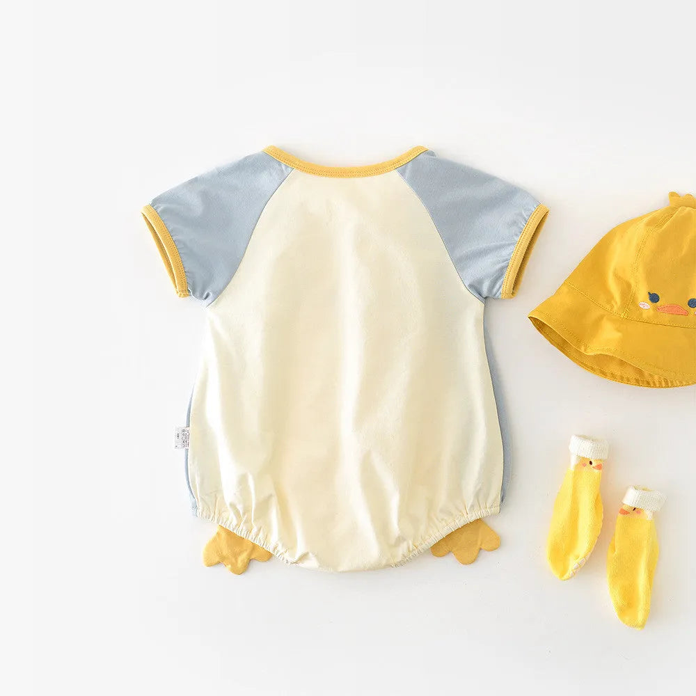 Newborn contrast colour short-sleeved romper 52857 in beige and blue duck cotton blend fabric