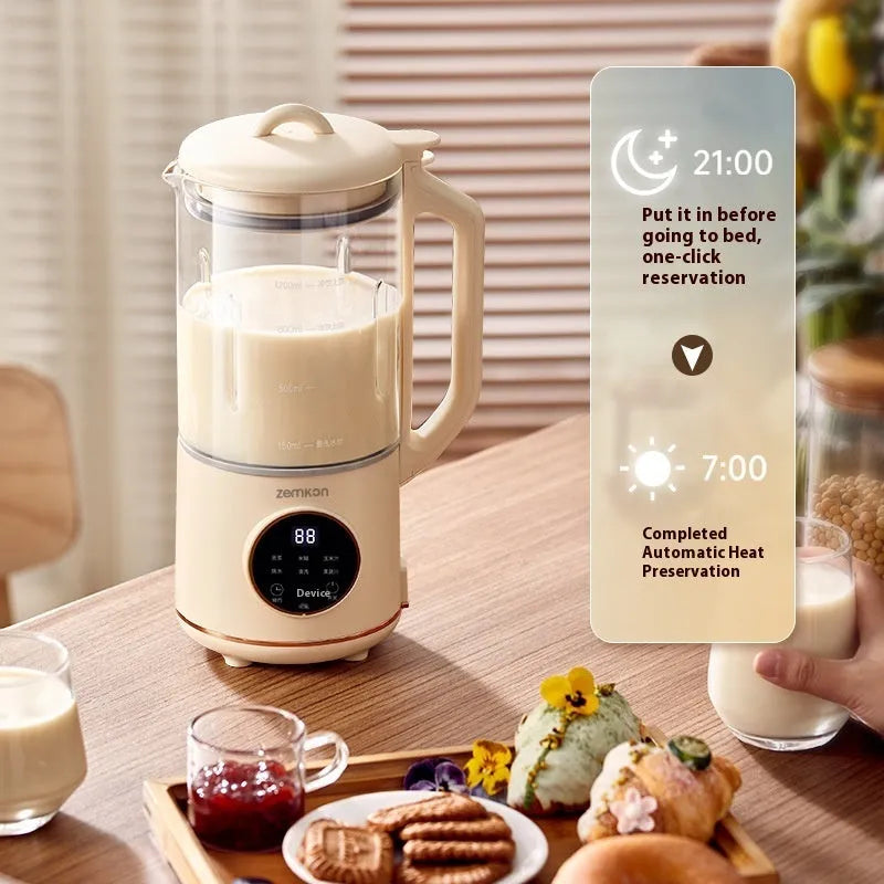 Household soy milk machine with glass body in milky white colour showing touch controls and 1.2L capacity