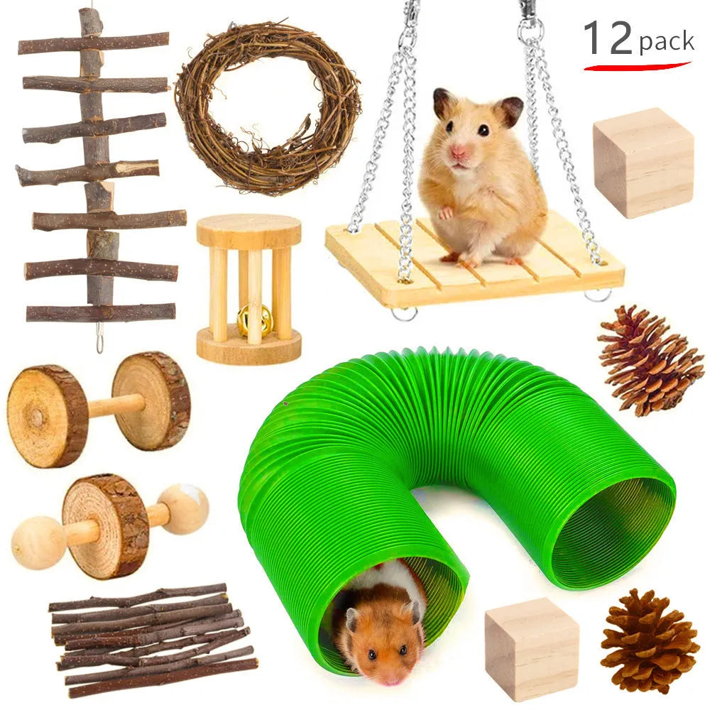 Assortment of natural wooden chew toys for small pets like rabbits and parrots on a white background.
