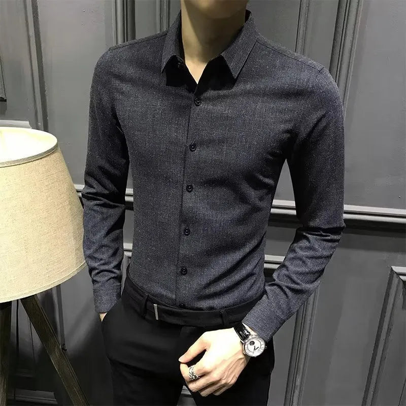Men's long sleeve polyester shirt in black or coffee colour, loose fit, sizes M to 3XL, autumn winter casual top.