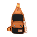 Nylon crossbody shoulder bag for outdoor leisure in beige contrast colour with letter pattern.