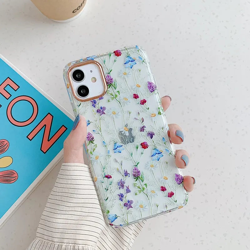 TPU fresh flowers phone case for iPhone with fall protection in pink flower colour