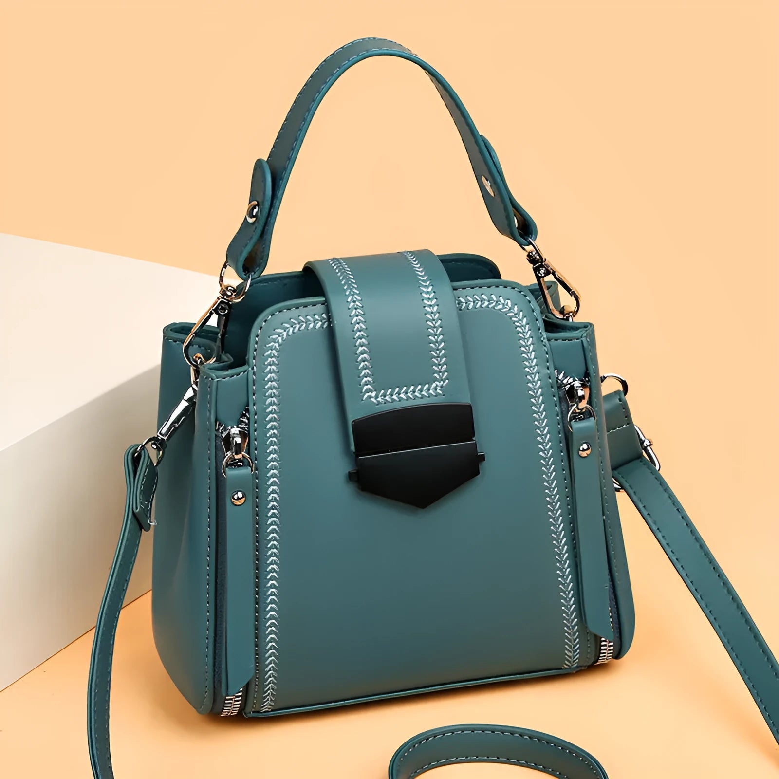 Square vertical soft PU leather ladies handbag with sewing thread detail