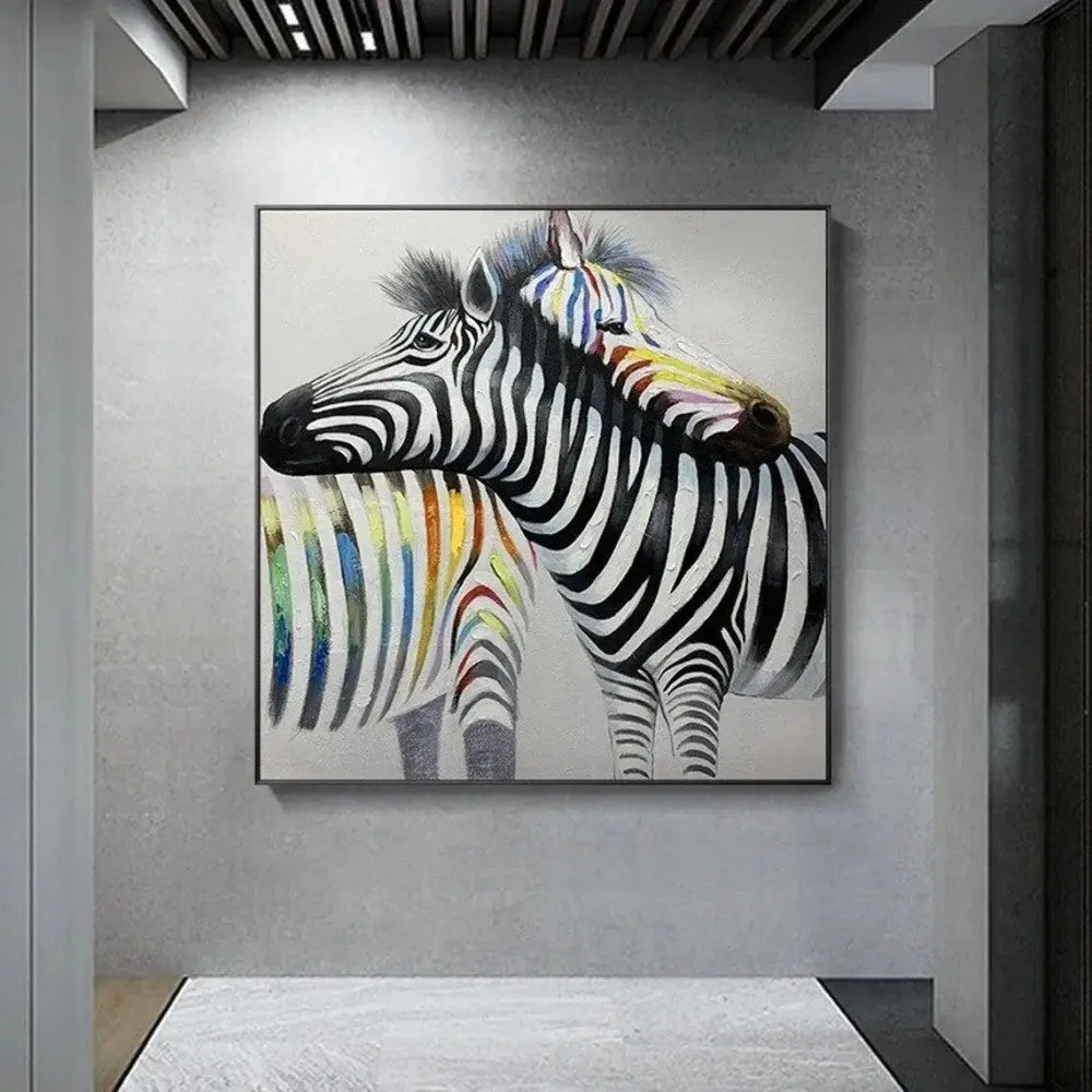 Handmade oil painting on canvas of colourful couple zebras, square frameless wall art for living room or bedroom