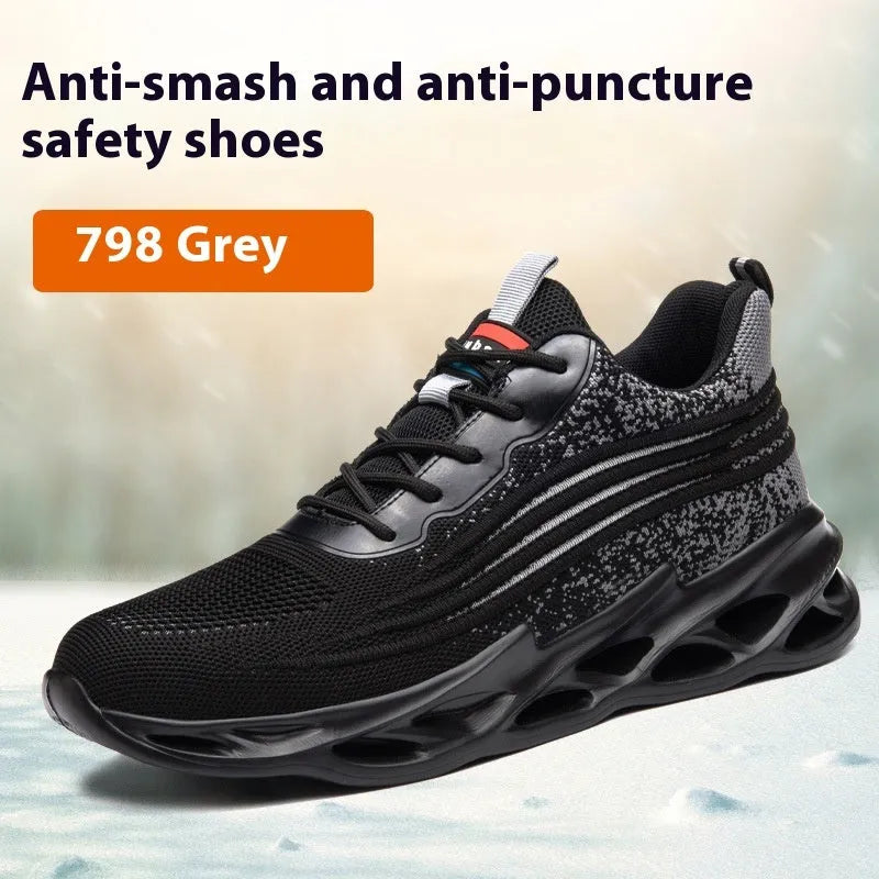 Brown leather lightweight labour protection safety shoes with anti-smashing and puncture-resistant toe caps on a rubber sole.