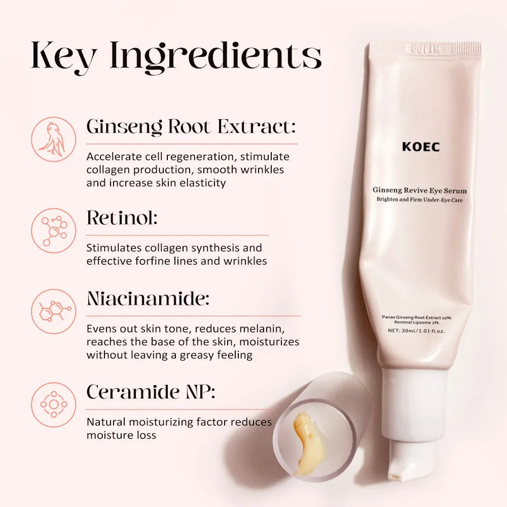 Retinol eye cream for wrinkles and dark circles, 30ml pot with ginseng and pink peptide ingredients