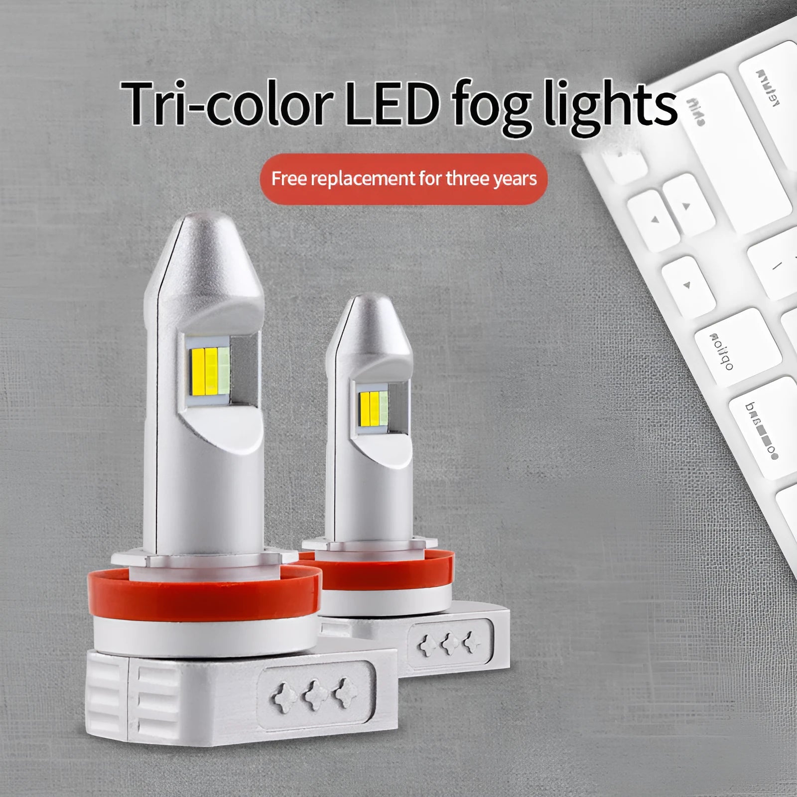 Super stable LED fog lamp bulb retrofit kit with aluminium housing and universal fit for multiple vehicle types.