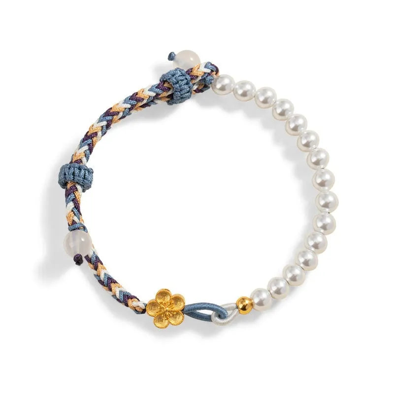 Peach-coloured carrying strap bracelet with Chinese flower weaving pattern featuring sterling silver and chalcedony beads