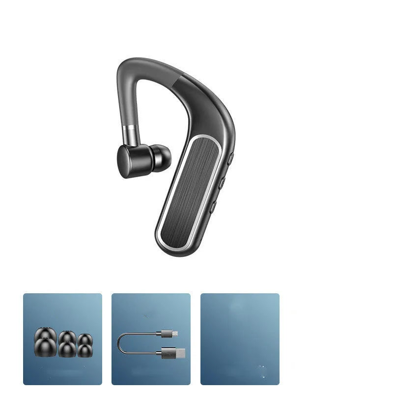 Black Bluetooth hanging earphones with charging warehouse and three pairs of ear caps on a white background